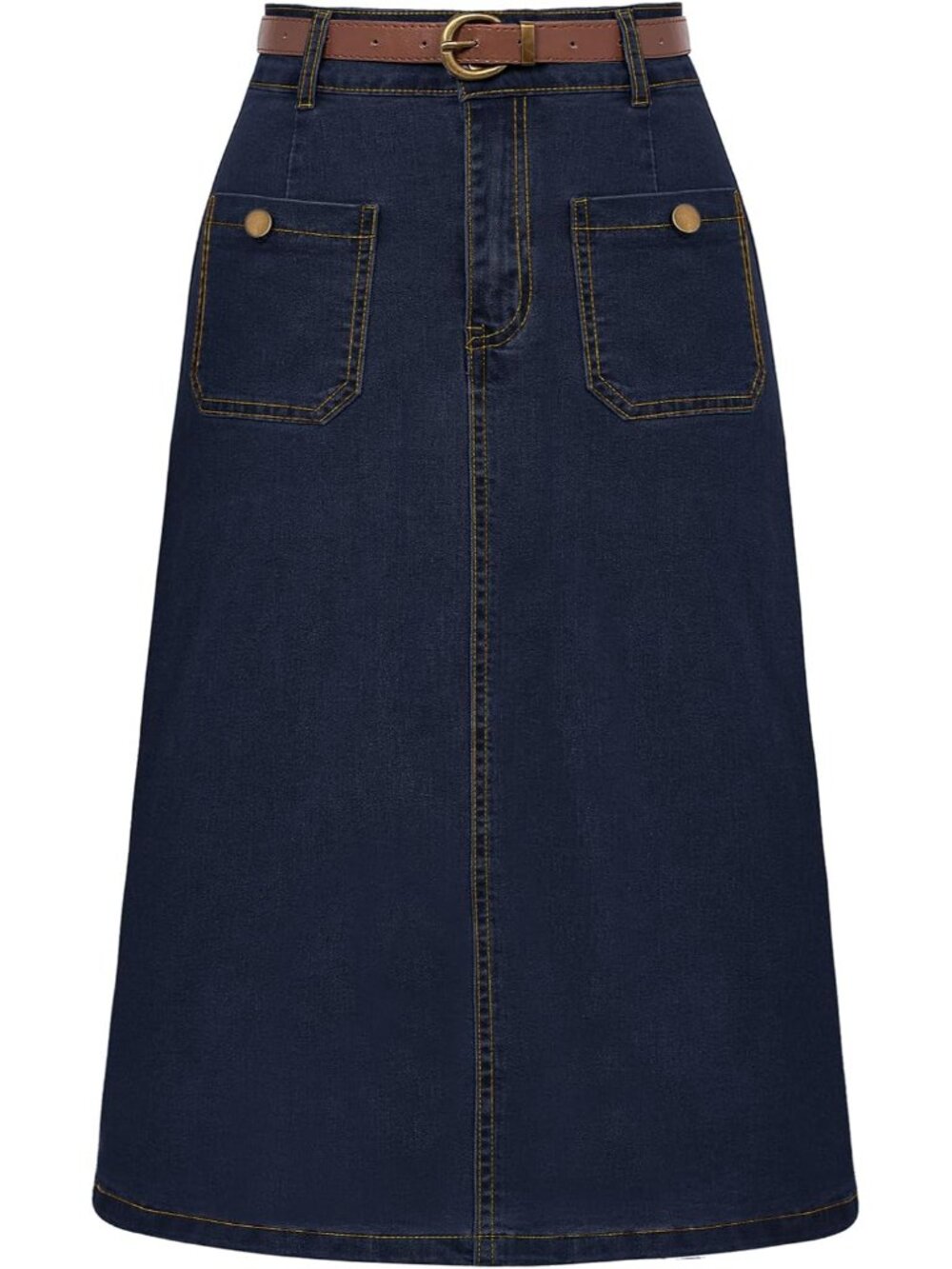 Denim Skirt with Belt Below Knee Length High Waisted Jean Skirts for Women